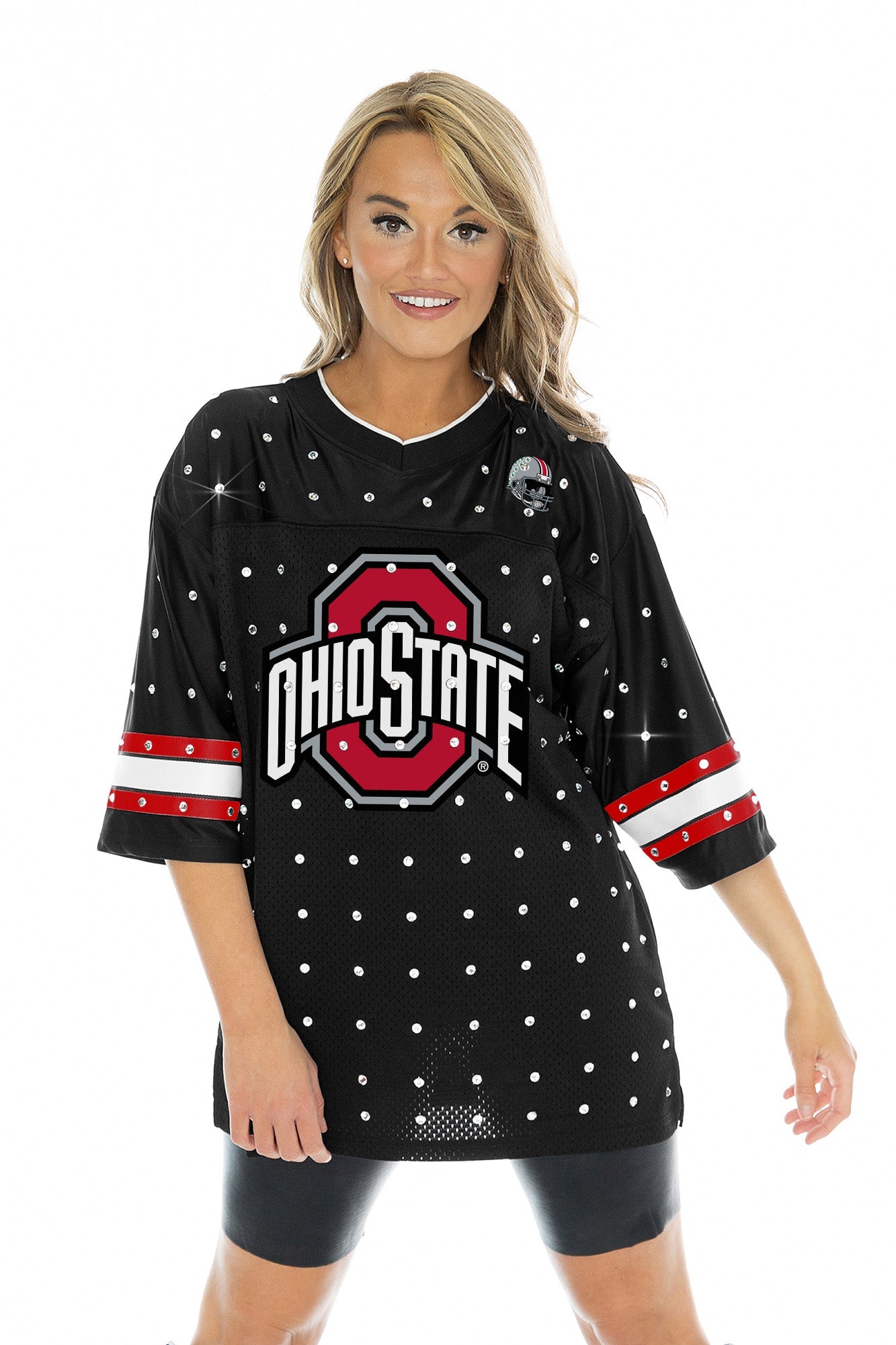 OHIO STATE BUCKEYES KICKOFF TIME ALL-OVER RHINESTONE V-NECK SPORTS STRIPE FASHION JERSEY TOP