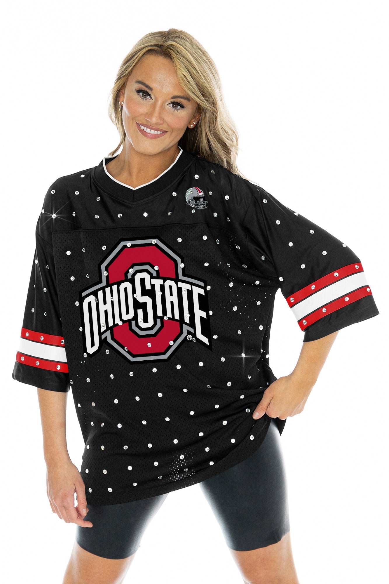 OHIO STATE BUCKEYES KICKOFF TIME ALL-OVER RHINESTONE V-NECK SPORTS STRIPE FASHION JERSEY TOP