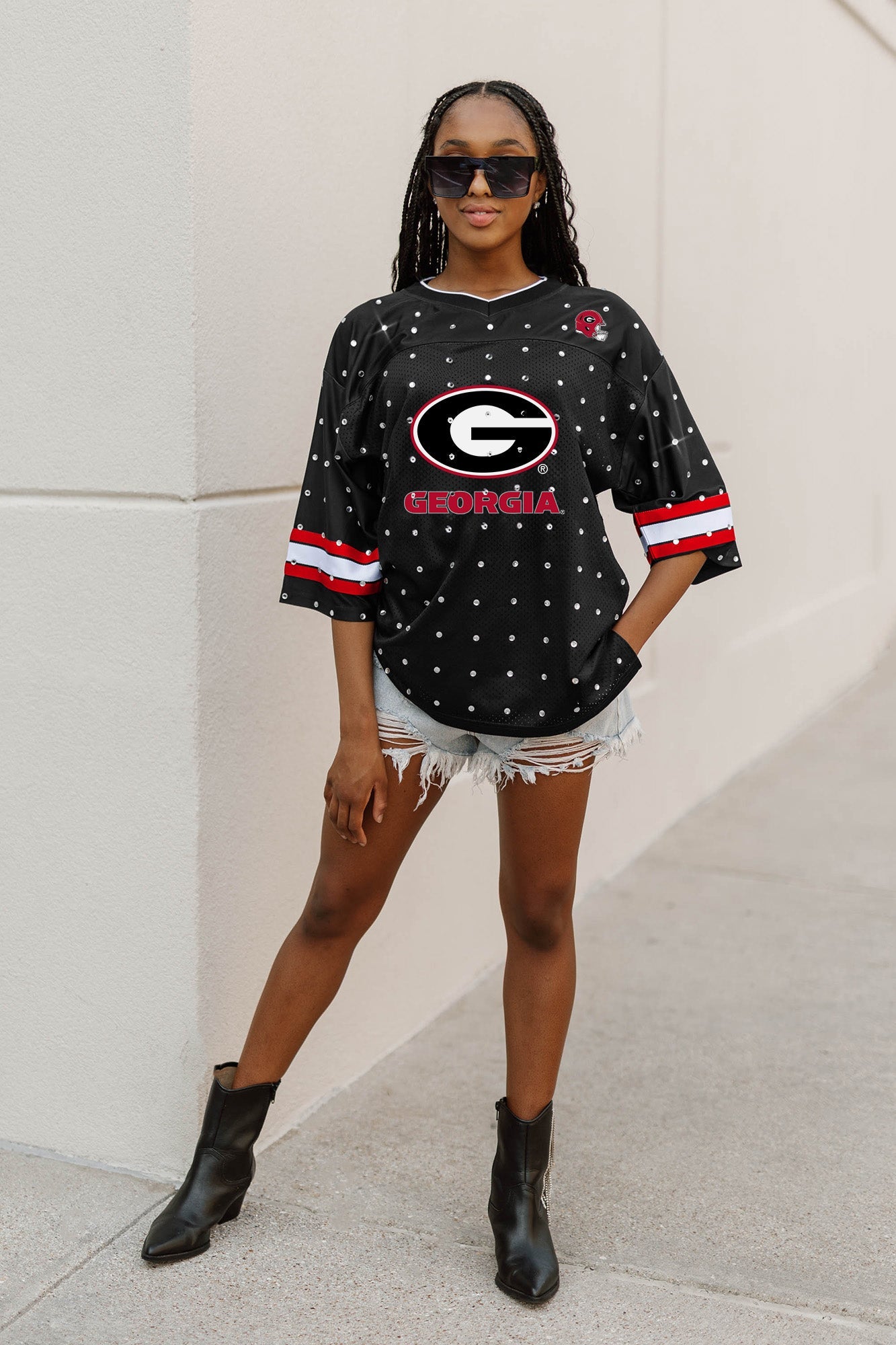 GEORGIA BULLDOGS KICKOFF TIME ALL-OVER RHINESTONE V-NECK SPORTS STRIPE FASHION JERSEY TOP