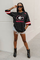 GEORGIA BULLDOGS KICKOFF TIME ALL-OVER RHINESTONE V-NECK SPORTS STRIPE FASHION JERSEY TOP