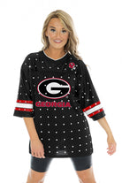 GEORGIA BULLDOGS KICKOFF TIME ALL-OVER RHINESTONE V-NECK SPORTS STRIPE FASHION JERSEY TOP