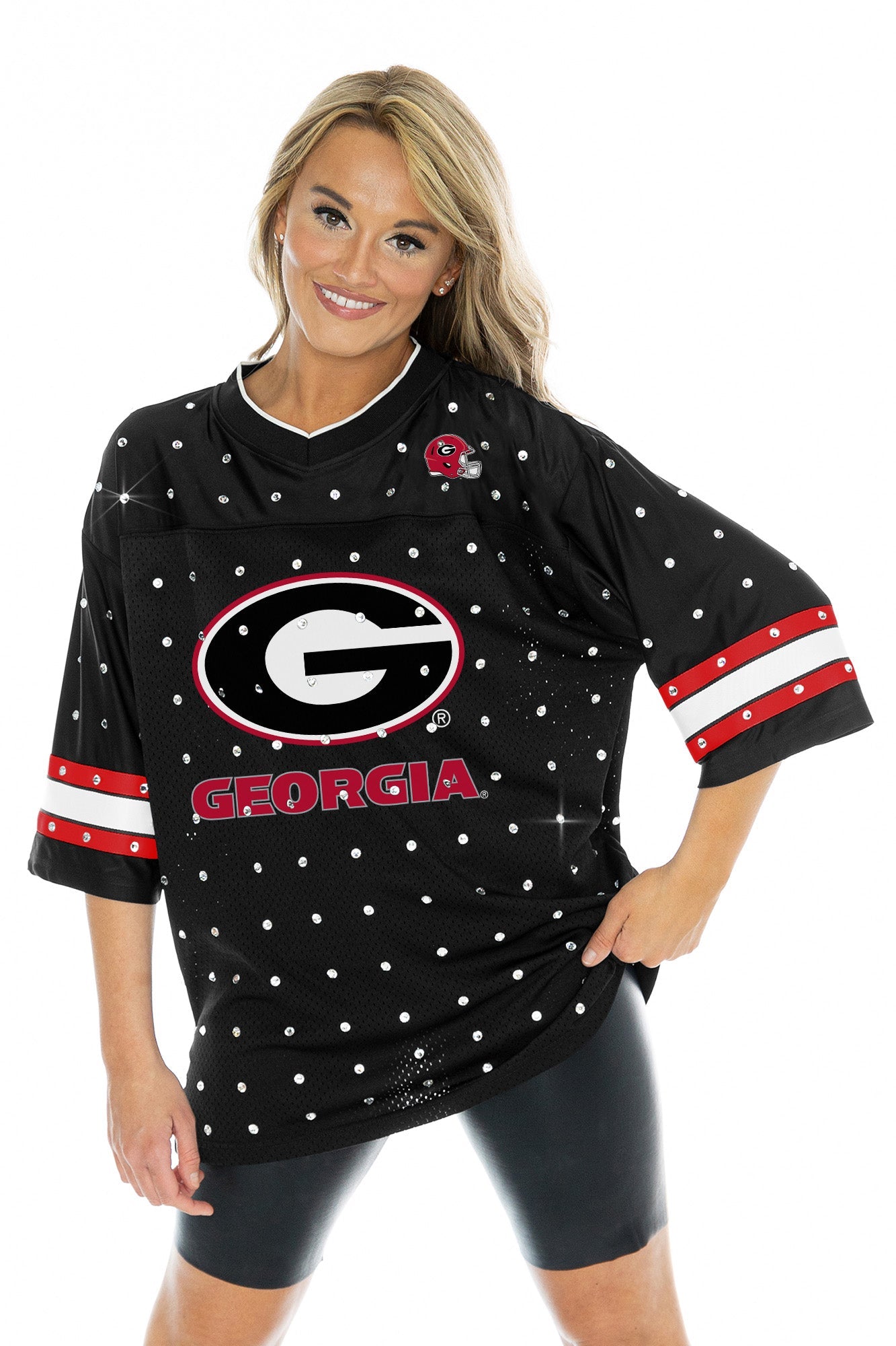 GEORGIA BULLDOGS KICKOFF TIME ALL-OVER RHINESTONE V-NECK SPORTS STRIPE FASHION JERSEY TOP