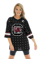 SOUTH CAROLINA GAMECOCKS KICKOFF TIME ALL-OVER RHINESTONE V-NECK SPORTS STRIPE FASHION JERSEY TOP