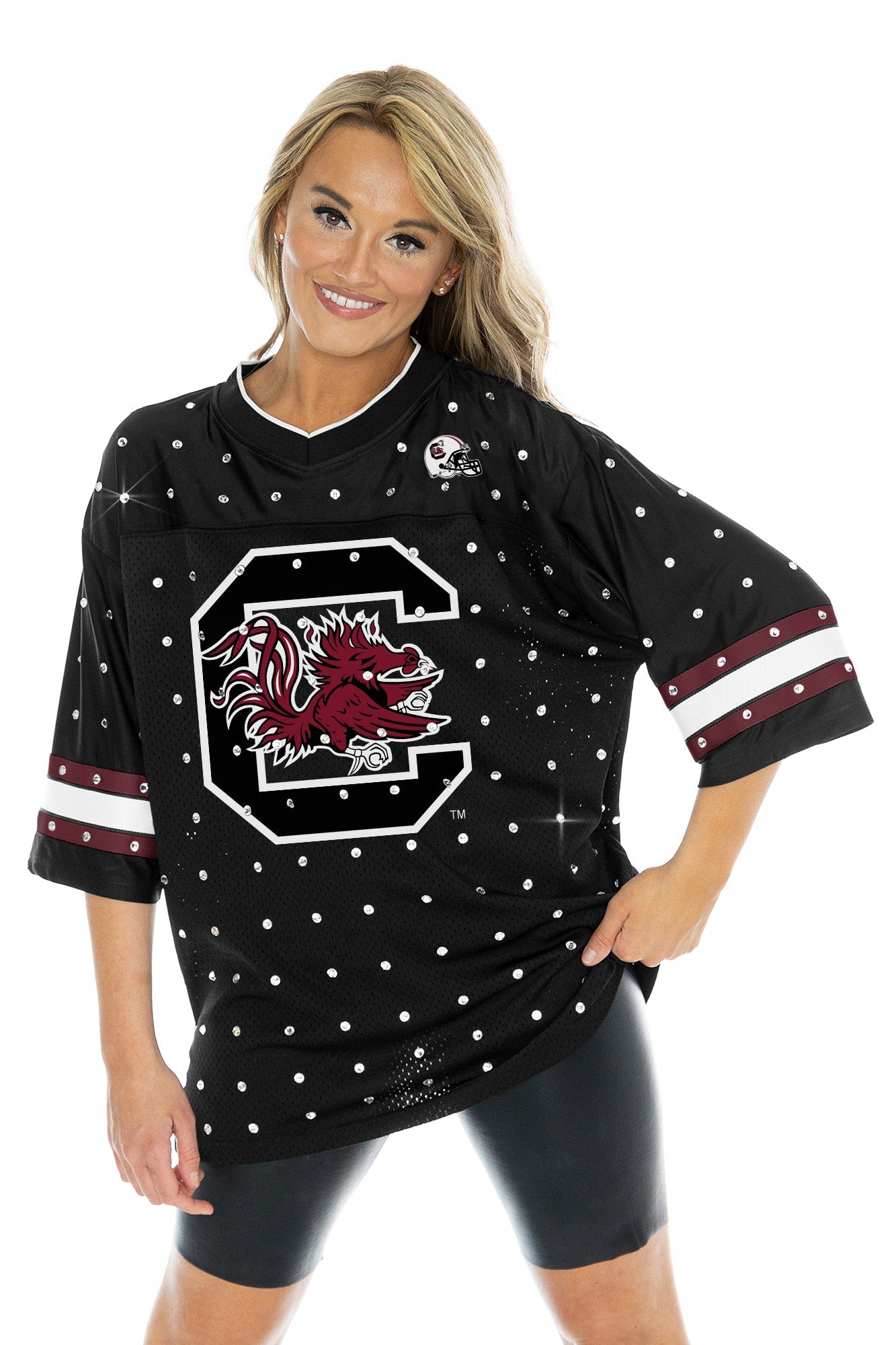 SOUTH CAROLINA GAMECOCKS KICKOFF TIME ALL-OVER RHINESTONE V-NECK SPORTS STRIPE FASHION JERSEY TOP