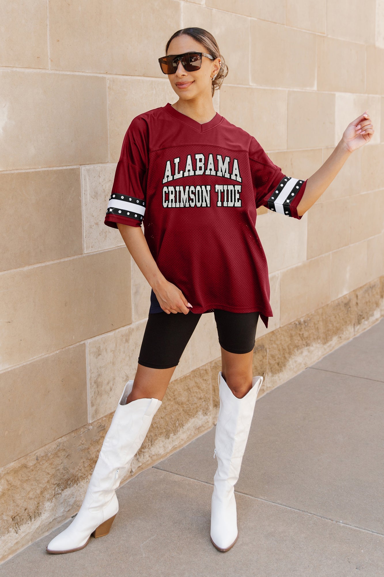 ALABAMA CRIMSON TIDE UNTIL KICKOFF OVERSIZED V-NECK RHINESTONE-STRIPED TRIM FASHION JERSEY