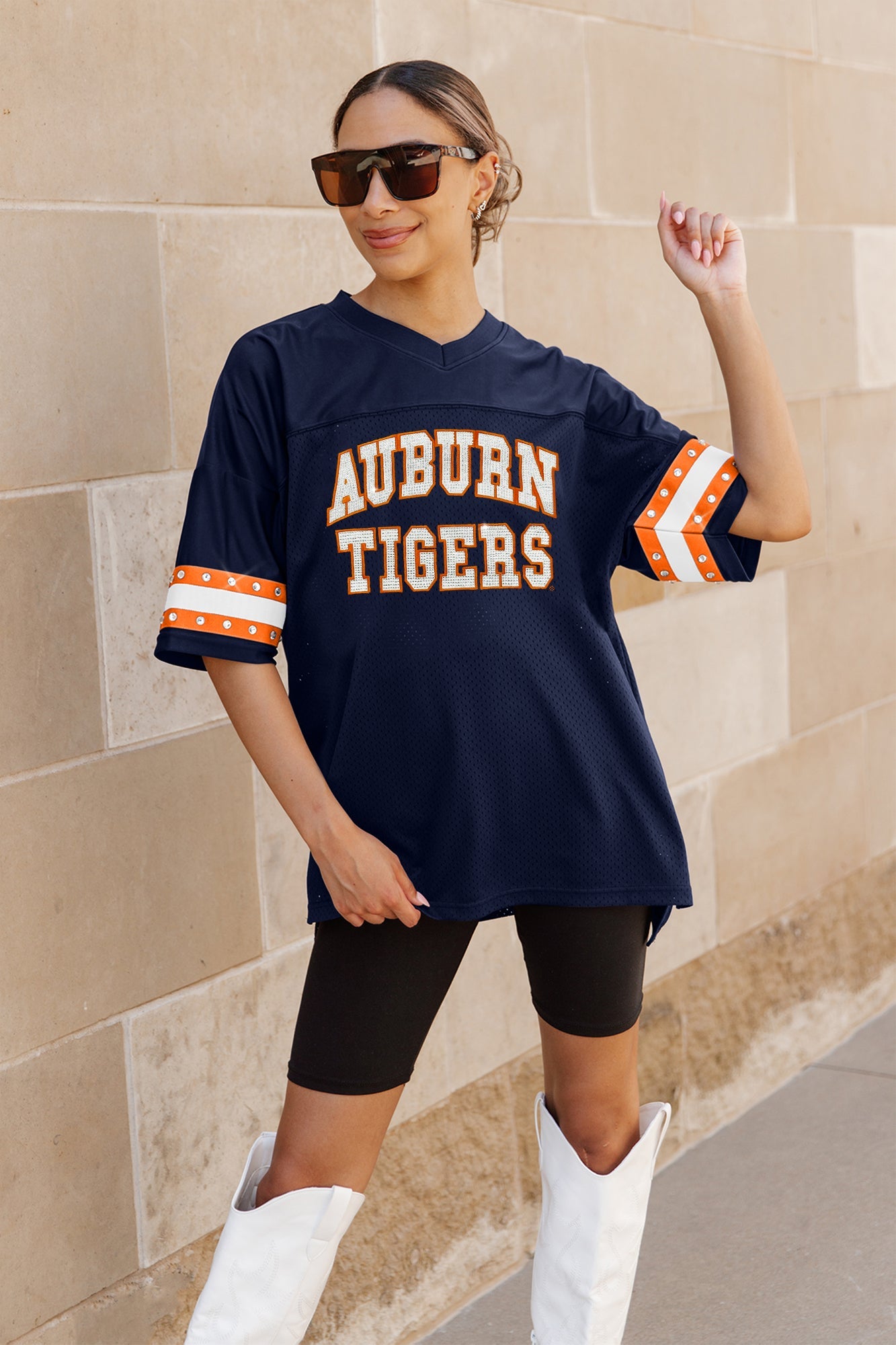 AUBURN TIGERS UNTIL KICKOFF OVERSIZED V-NECK RHINESTONE-STRIPED TRIM FASHION JERSEY