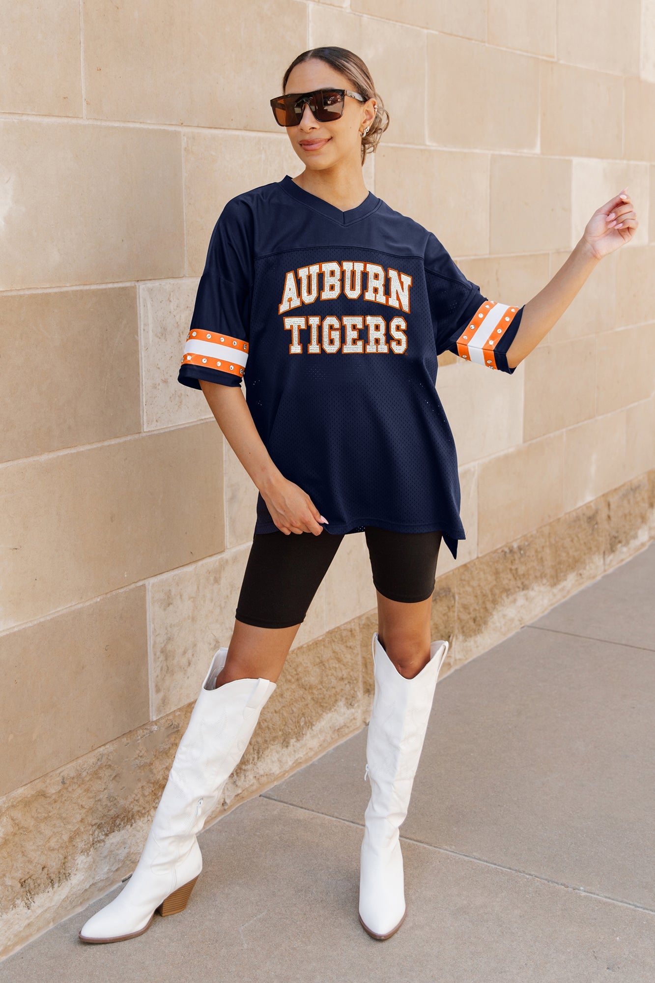 AUBURN TIGERS UNTIL KICKOFF OVERSIZED V-NECK RHINESTONE-STRIPED TRIM FASHION JERSEY