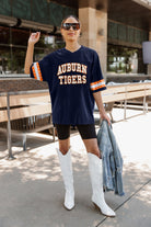 AUBURN TIGERS UNTIL KICKOFF OVERSIZED V-NECK RHINESTONE-STRIPED TRIM FASHION JERSEY