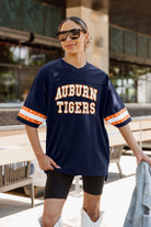 AUBURN TIGERS UNTIL KICKOFF OVERSIZED V-NECK RHINESTONE-STRIPED TRIM FASHION JERSEY