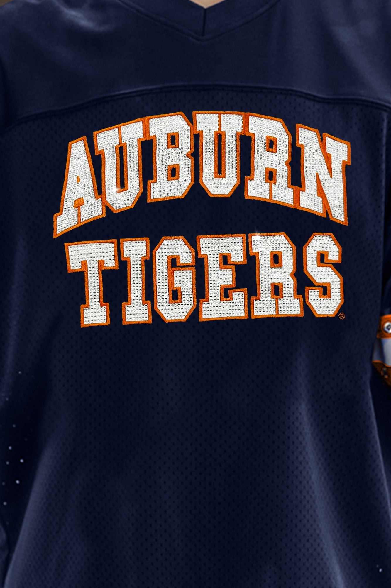 AUBURN TIGERS UNTIL KICKOFF OVERSIZED V-NECK RHINESTONE-STRIPED TRIM FASHION JERSEY