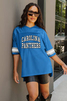 CAROLINA PANTHERS UNTIL KICKOFF OVERSIZED V-NECK RHINESTONE-STRIPED TRIM FASHION TOP