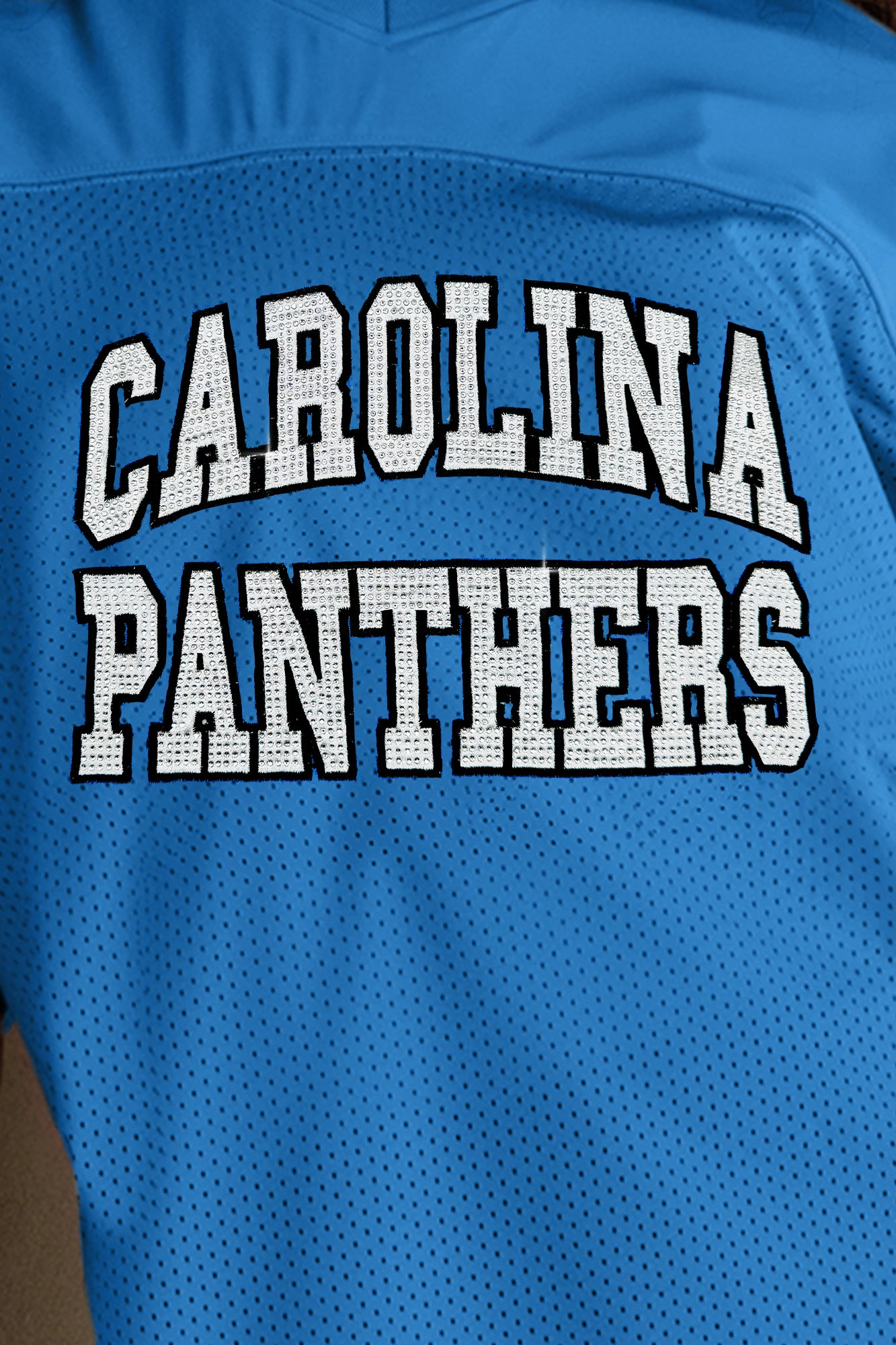 CAROLINA PANTHERS UNTIL KICKOFF OVERSIZED V NECK RHINESTONE STRIPED TRIM FASHION TOP