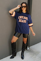 CHICAGO BEARS UNTIL KICKOFF OVERSIZED V-NECK RHINESTONE-STRIPED TRIM FASHION TOP