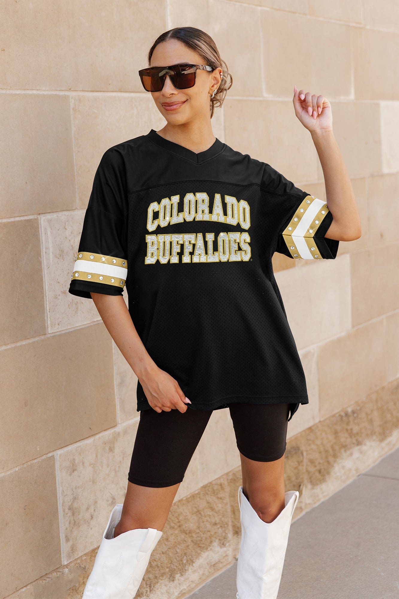 COLORADO BUFFALOES UNTIL KICKOFF OVERSIZED V-NECK RHINESTONE-STRIPED TRIM FASHION JERSEY