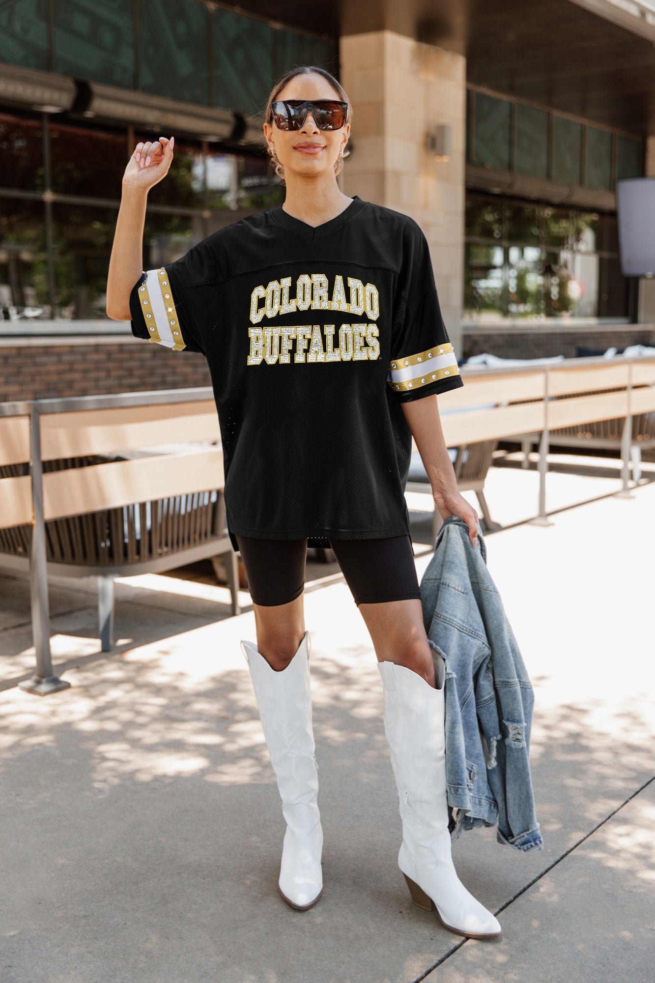 COLORADO BUFFALOES UNTIL KICKOFF OVERSIZED V-NECK RHINESTONE-STRIPED TRIM FASHION JERSEY