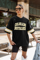 COLORADO BUFFALOES UNTIL KICKOFF OVERSIZED V-NECK RHINESTONE-STRIPED TRIM FASHION JERSEY