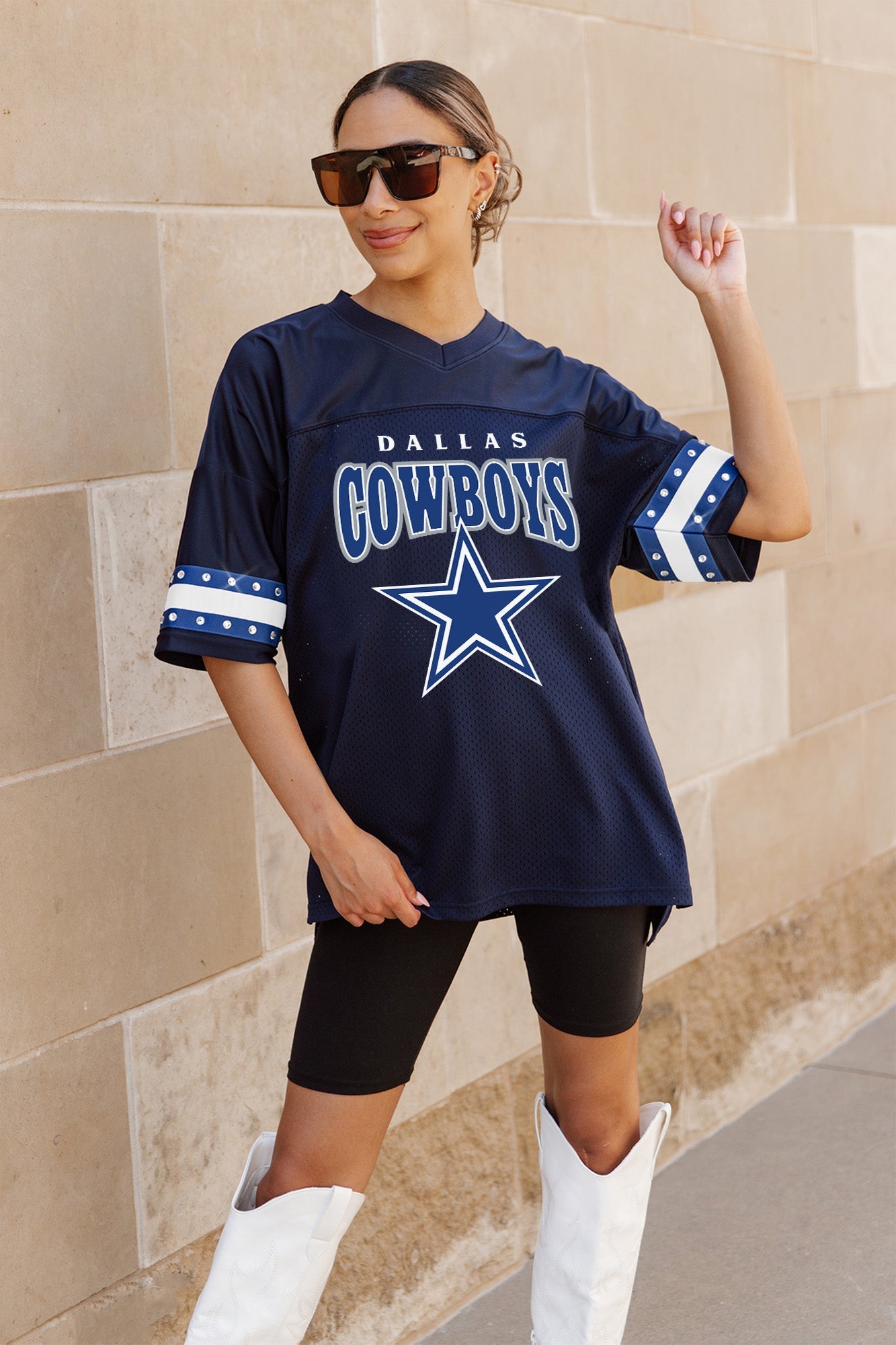 DALLAS COWBOYS ROYALTY OVERSIZED V-NECK RHINESTONE-STRIPED SPORTY FASHION TOP