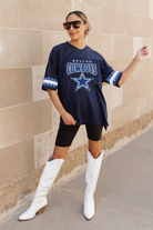 DALLAS COWBOYS ROYALTY OVERSIZED V-NECK RHINESTONE-STRIPED SPORTY FASHION TOP