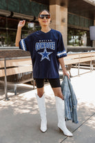 DALLAS COWBOYS ROYALTY OVERSIZED V-NECK RHINESTONE-STRIPED SPORTY FASHION TOP