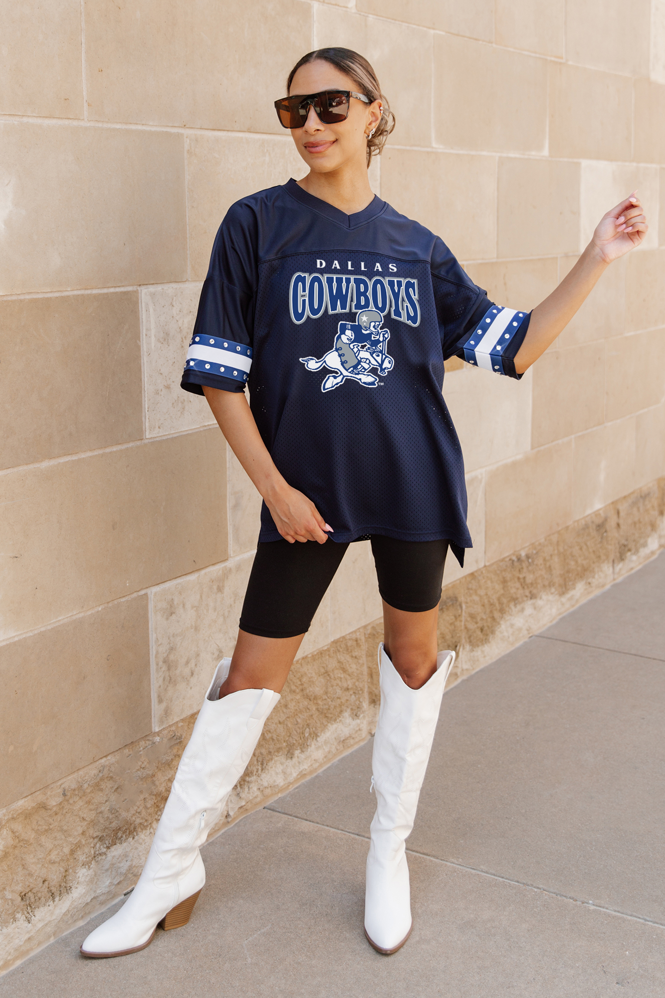 DALLAS COWBOYS COWBOY JOE OVERSIZED V-NECK RHINESTONE-STRIPED SPORTY FASHION TOP