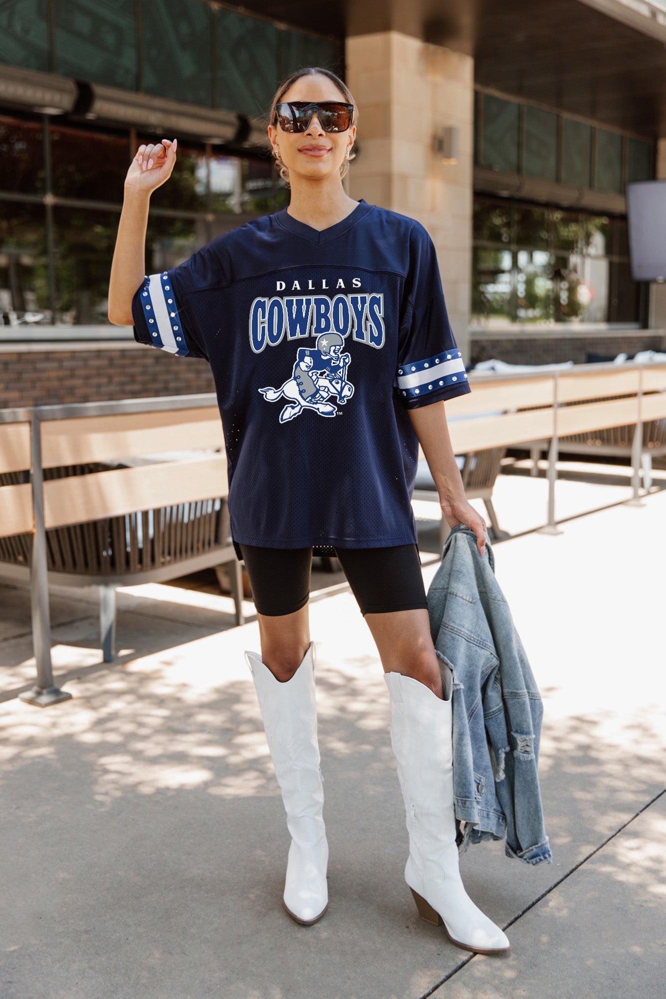 DALLAS COWBOYS COWBOY JOE OVERSIZED V-NECK RHINESTONE-STRIPED SPORTY FASHION TOP