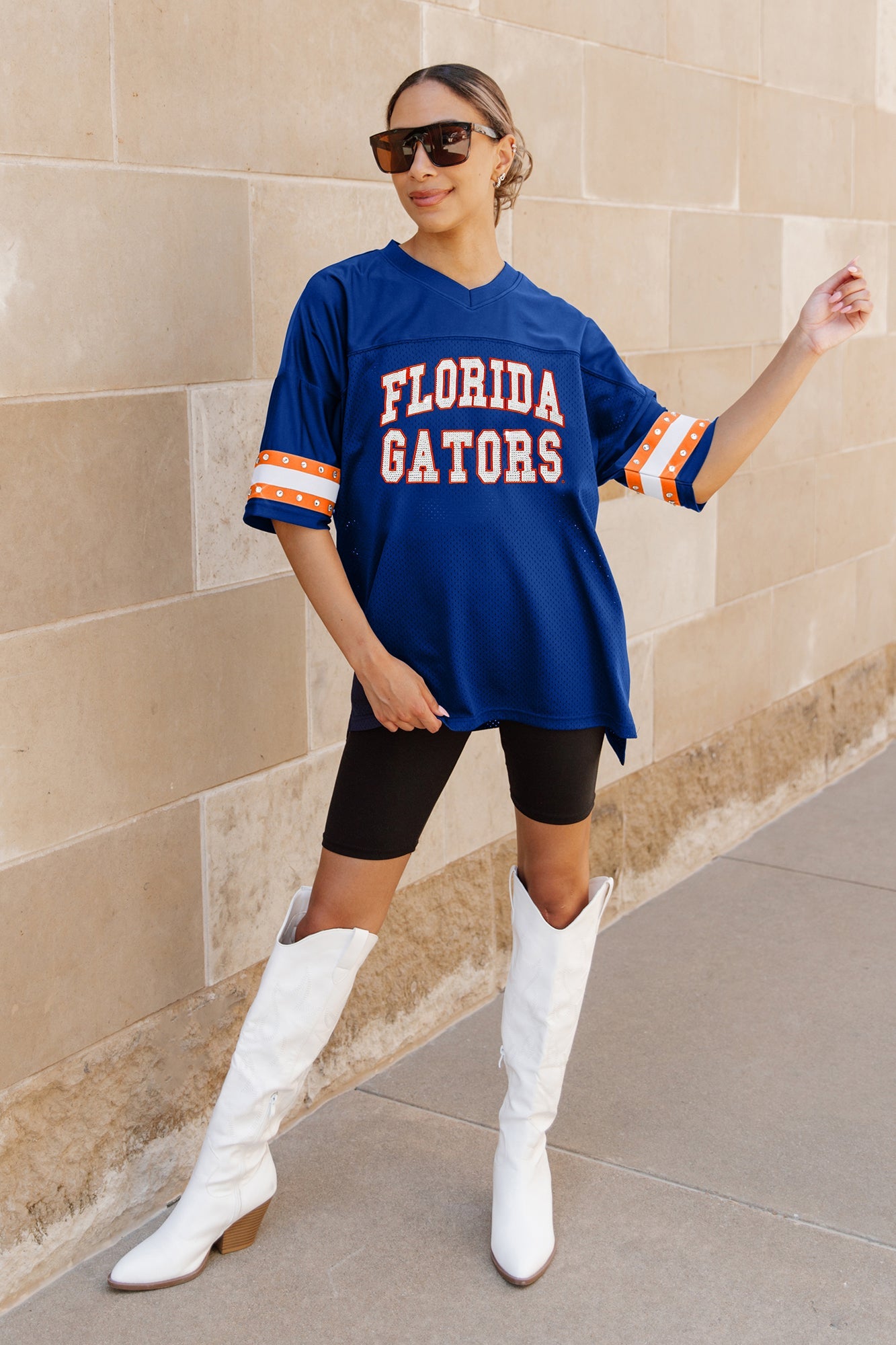 FLORIDA GATORS UNTIL KICKOFF OVERSIZED V-NECK RHINESTONE-STRIPED TRIM FASHION JERSEY