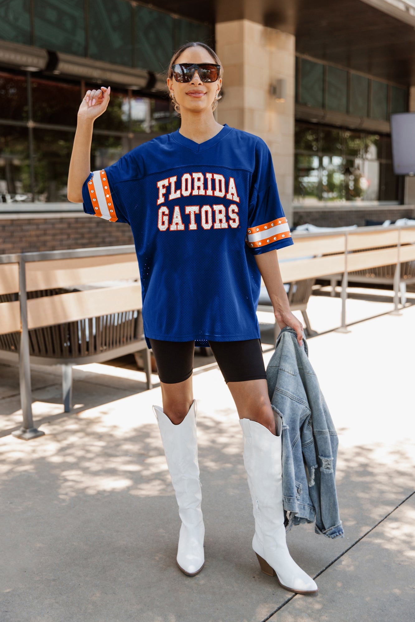 FLORIDA GATORS UNTIL KICKOFF OVERSIZED V-NECK RHINESTONE-STRIPED TRIM FASHION JERSEY