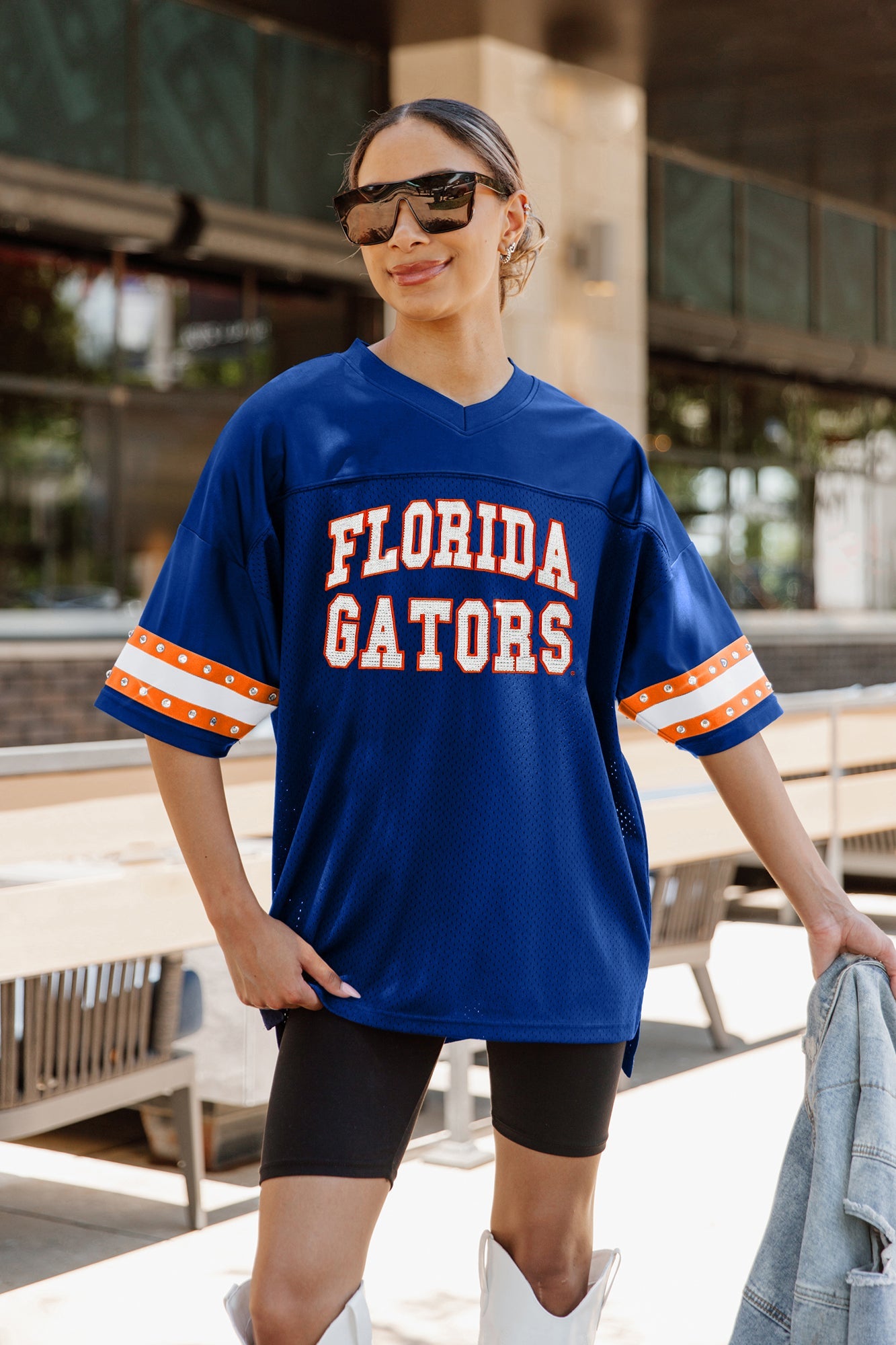 FLORIDA GATORS UNTIL KICKOFF OVERSIZED V-NECK RHINESTONE-STRIPED TRIM FASHION JERSEY