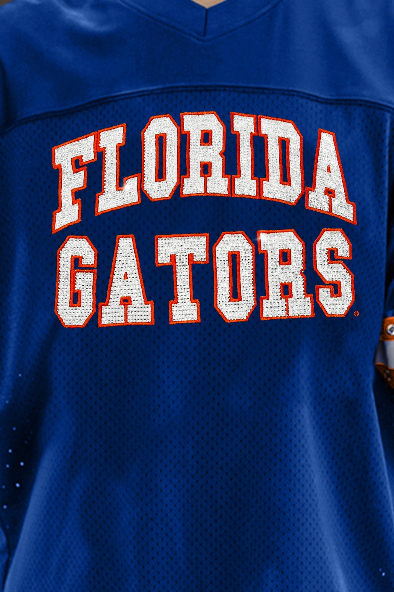 FLORIDA GATORS UNTIL KICKOFF OVERSIZED V-NECK RHINESTONE-STRIPED TRIM FASHION JERSEY