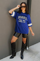 INDIANAPOLIS COLTS UNTIL KICKOFF OVERSIZED V-NECK RHINESTONE-STRIPED TRIM FASHION TOP