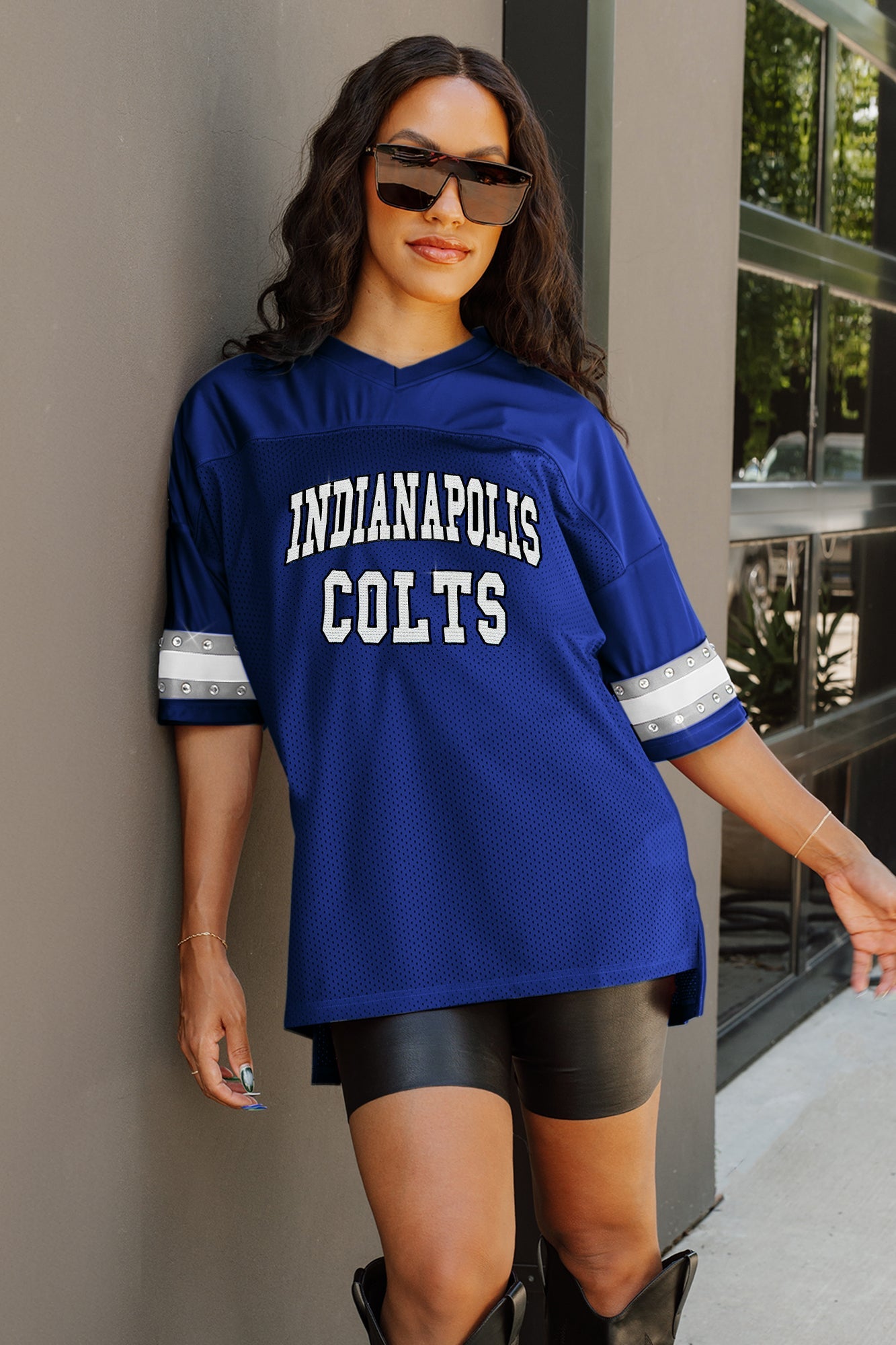 INDIANAPOLIS COLTS UNTIL KICKOFF OVERSIZED V-NECK RHINESTONE-STRIPED TRIM FASHION TOP