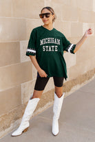 MICHIGAN STATE SPARTANS UNTIL KICKOFF OVERSIZED V-NECK RHINESTONE-STRIPED TRIM FASHION JERSEY