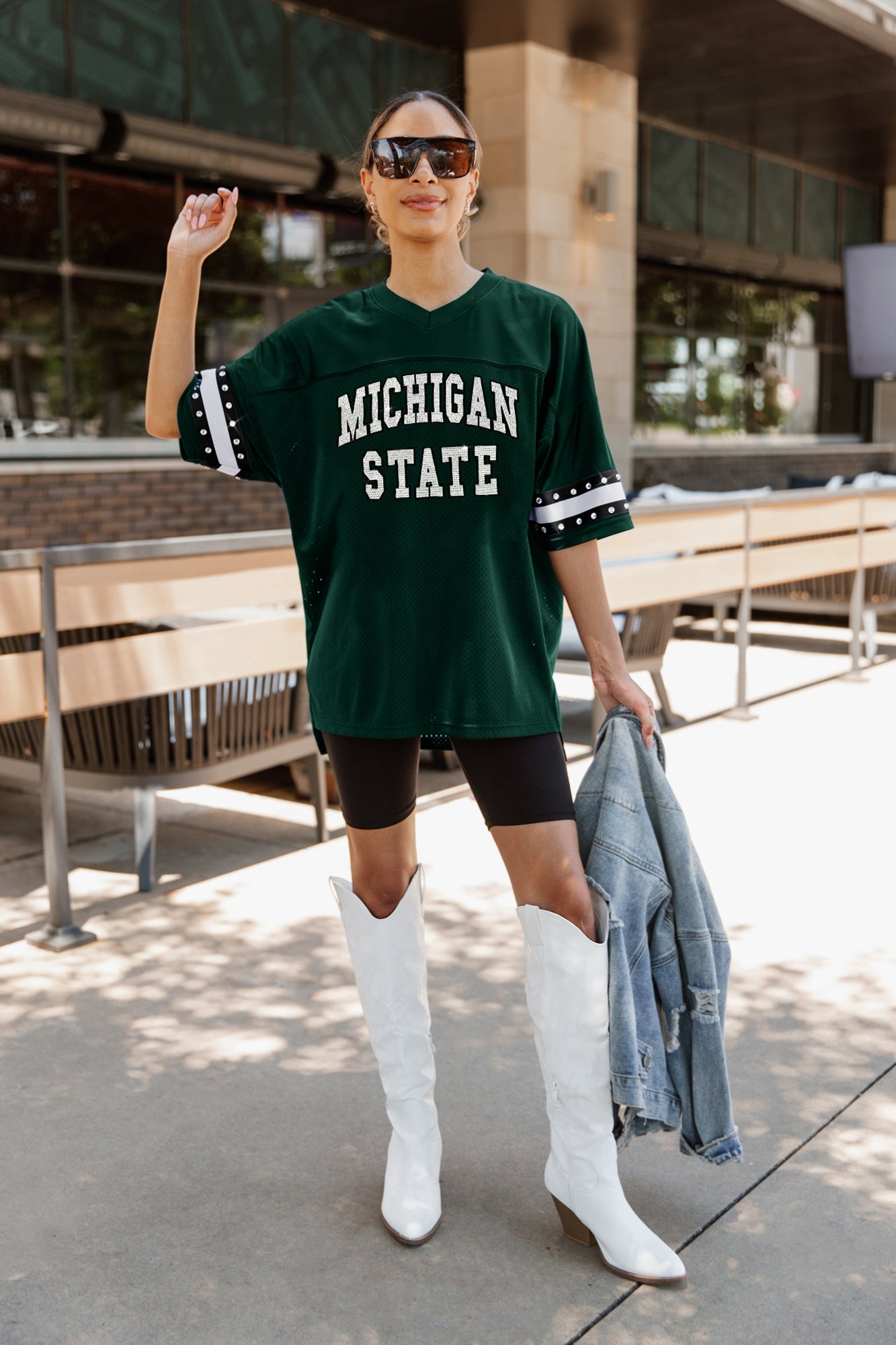 MICHIGAN STATE SPARTANS UNTIL KICKOFF OVERSIZED V-NECK RHINESTONE-STRIPED TRIM FASHION JERSEY