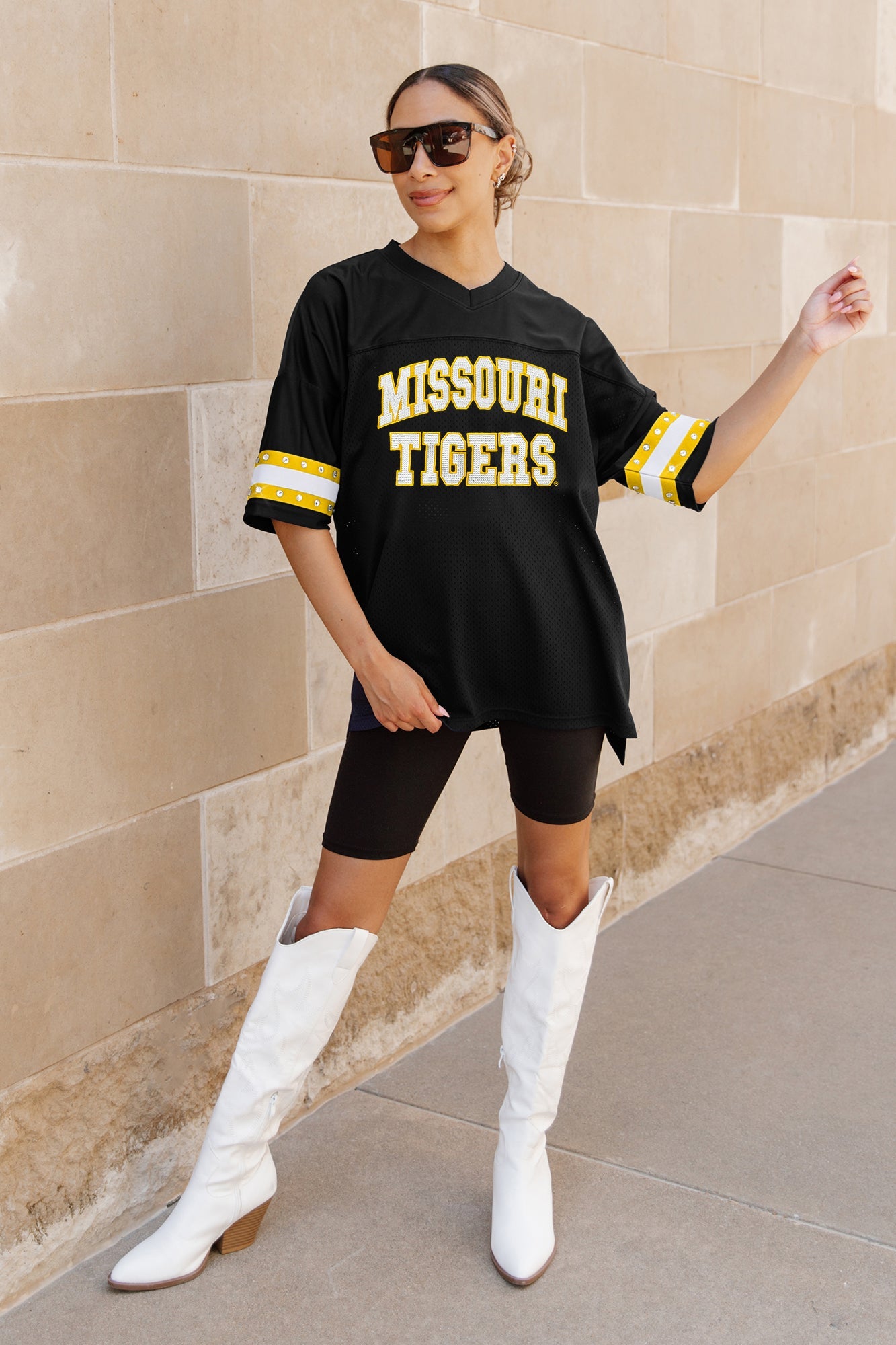 MISSOURI TIGERS UNTIL KICKOFF OVERSIZED V-NECK RHINESTONE-STRIPED TRIM FASHION JERSEY