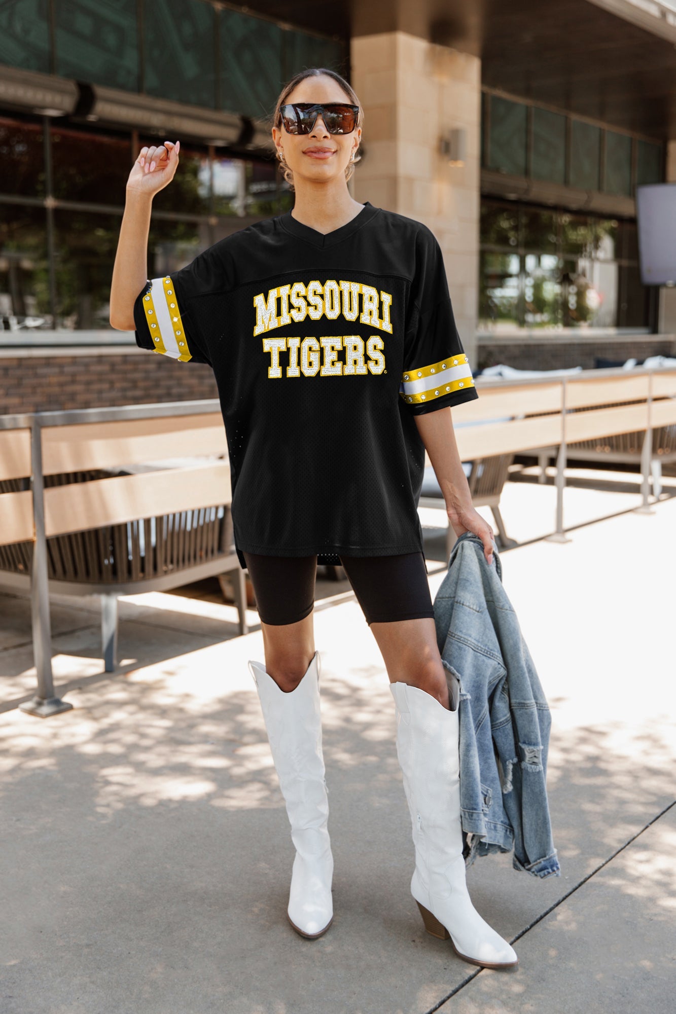 MISSOURI TIGERS UNTIL KICKOFF OVERSIZED V-NECK RHINESTONE-STRIPED TRIM FASHION JERSEY