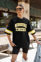 MISSOURI TIGERS UNTIL KICKOFF OVERSIZED V-NECK RHINESTONE-STRIPED TRIM FASHION JERSEY