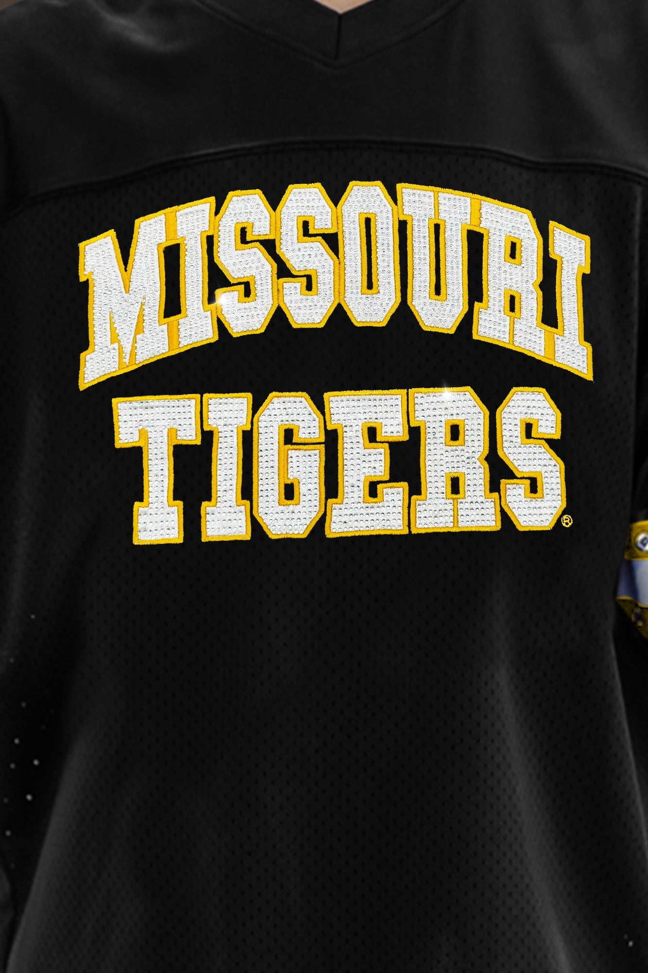 MISSOURI TIGERS UNTIL KICKOFF OVERSIZED V-NECK RHINESTONE-STRIPED TRIM FASHION JERSEY