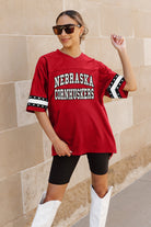 NEBRASKA CORNHUSKERS UNTIL KICKOFF OVERSIZED V-NECK RHINESTONE-STRIPED TRIM FASHION JERSEY