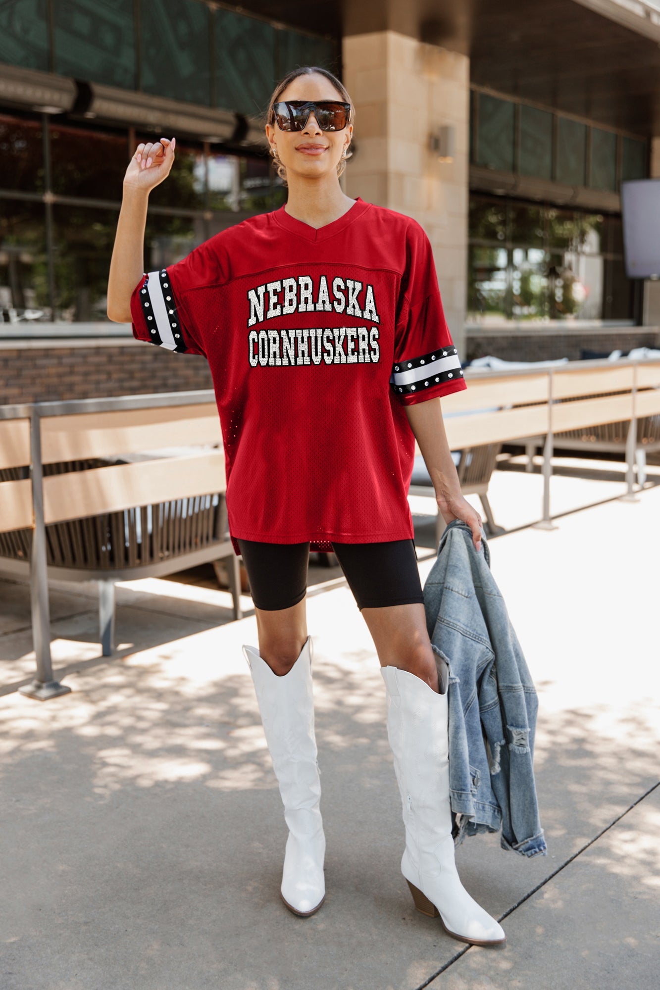 NEBRASKA CORNHUSKERS UNTIL KICKOFF OVERSIZED V-NECK RHINESTONE-STRIPED TRIM FASHION JERSEY