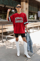 NEBRASKA CORNHUSKERS UNTIL KICKOFF OVERSIZED V-NECK RHINESTONE-STRIPED TRIM FASHION JERSEY