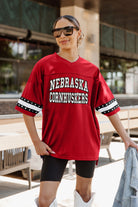 NEBRASKA CORNHUSKERS UNTIL KICKOFF OVERSIZED V-NECK RHINESTONE-STRIPED TRIM FASHION JERSEY