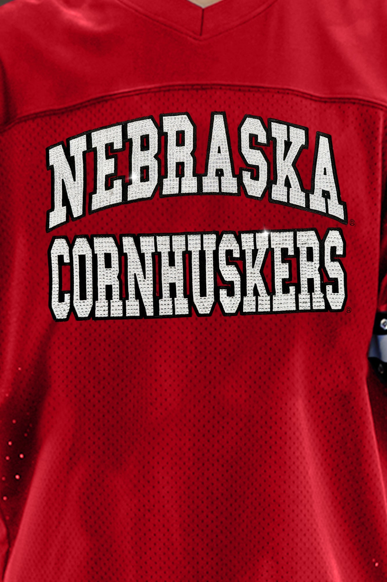 NEBRASKA CORNHUSKERS UNTIL KICKOFF OVERSIZED V-NECK RHINESTONE-STRIPED TRIM FASHION JERSEY