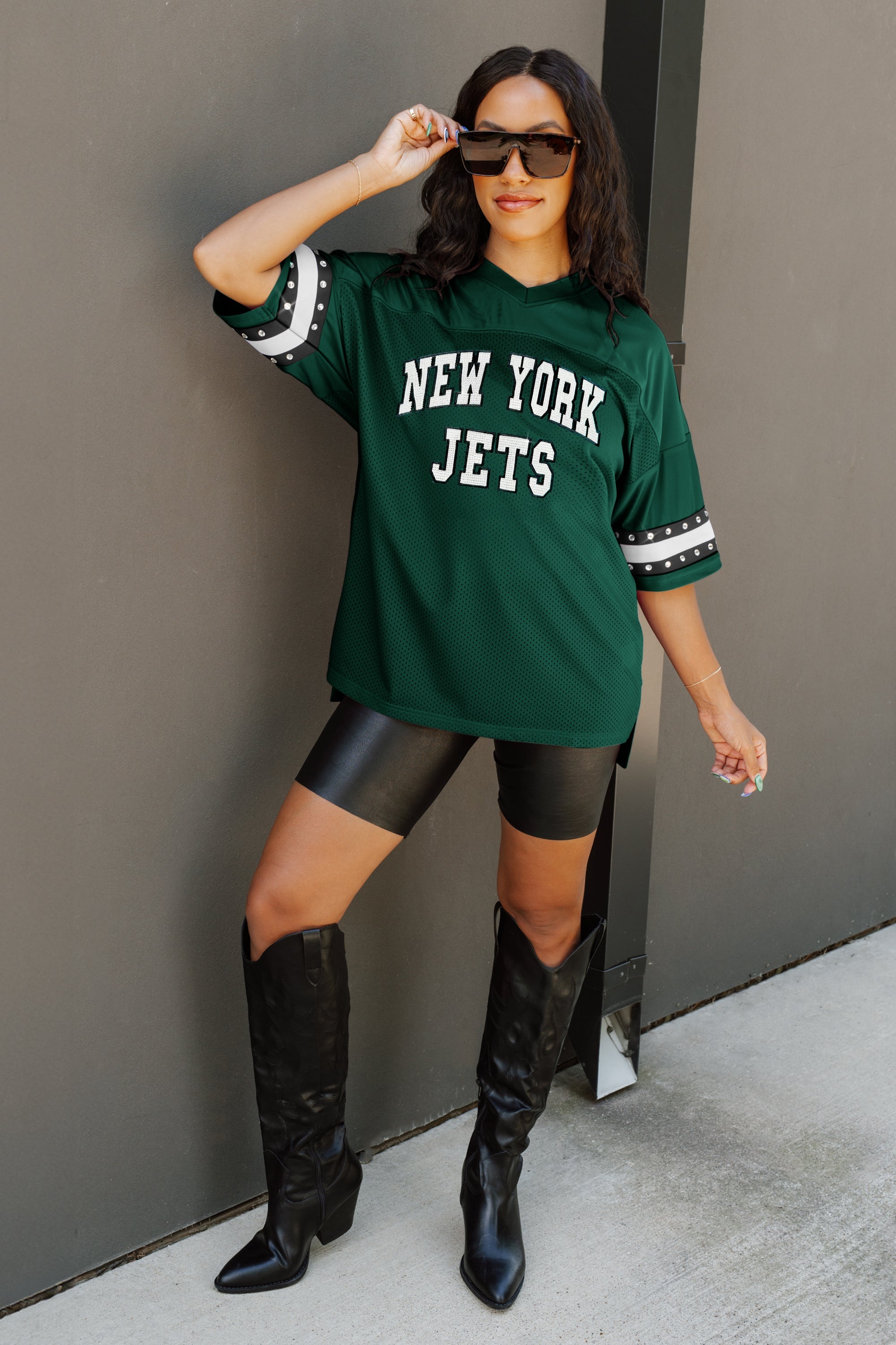 NEW YORK JETS UNTIL KICKOFF OVERSIZED V-NECK RHINESTONE-STRIPED TRIM FASHION TOP