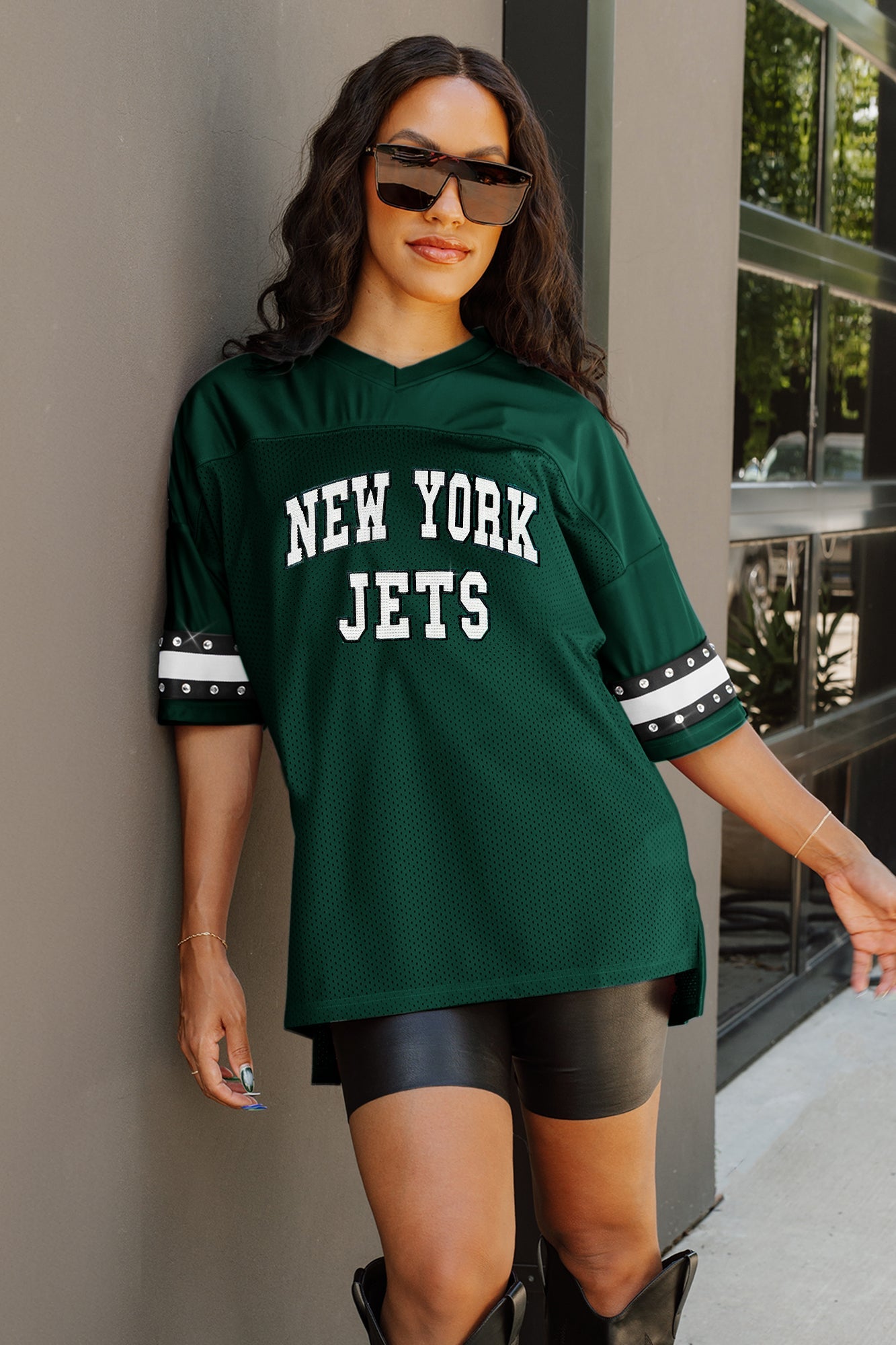 NEW YORK JETS UNTIL KICKOFF OVERSIZED V-NECK RHINESTONE-STRIPED TRIM FASHION TOP