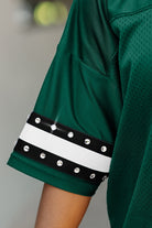 NEW YORK JETS UNTIL KICKOFF OVERSIZED V-NECK RHINESTONE-STRIPED TRIM FASHION TOP