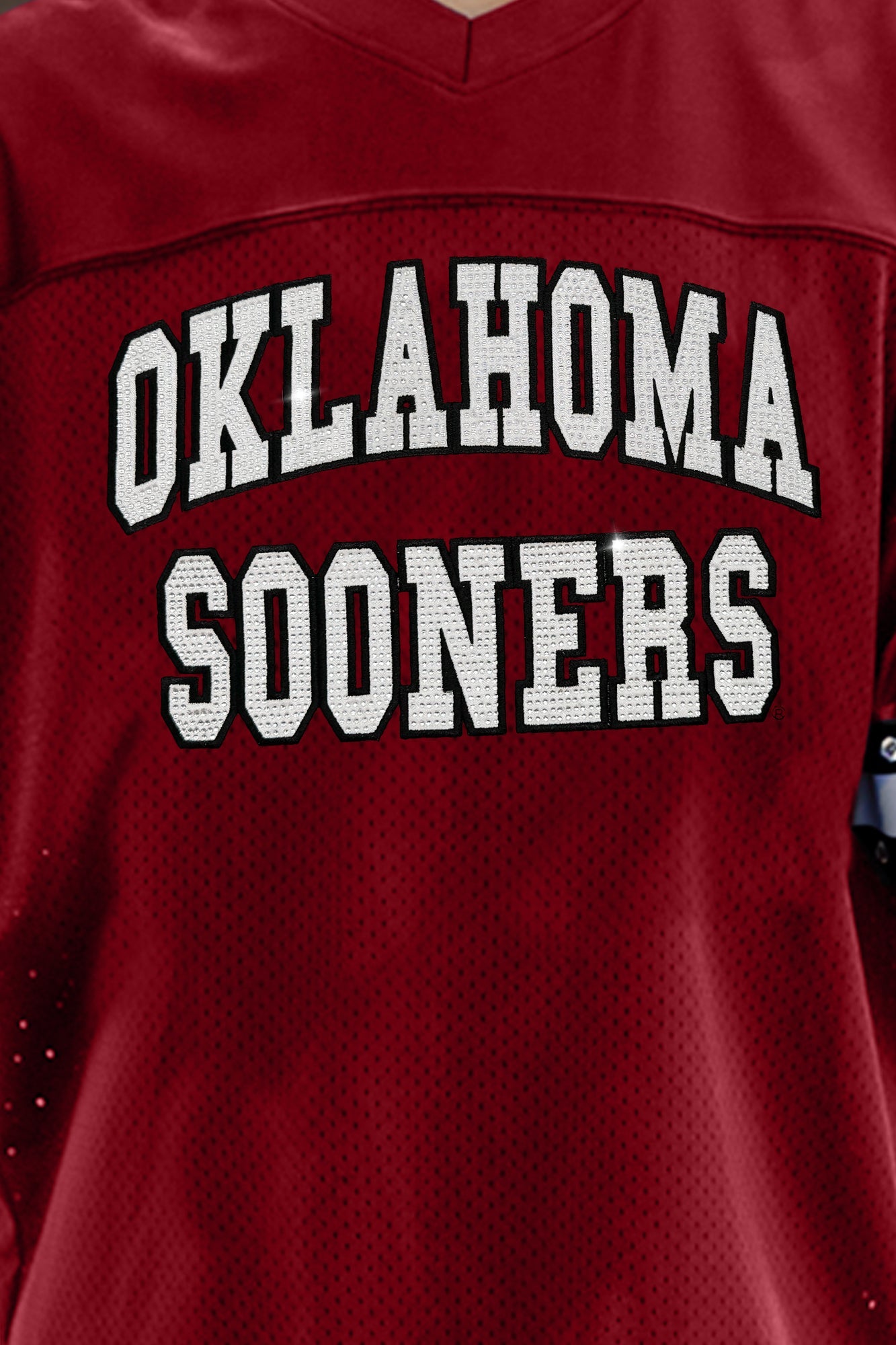 OKLAHOMA SOONERS UNTIL KICKOFF OVERSIZED V-NECK RHINESTONE-STRIPED TRIM FASHION JERSEY