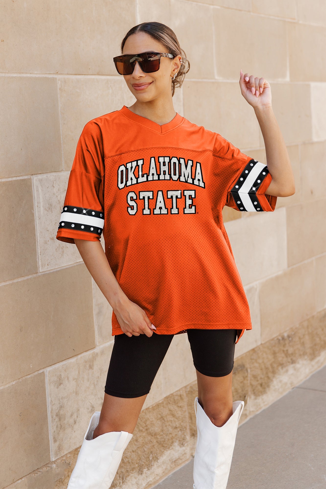 OKLAHOMA STATE COWBOYS UNTIL KICKOFF OVERSIZED V-NECK RHINESTONE-STRIPED TRIM FASHION JERSEY