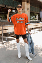 OKLAHOMA STATE COWBOYS UNTIL KICKOFF OVERSIZED V-NECK RHINESTONE-STRIPED TRIM FASHION JERSEY