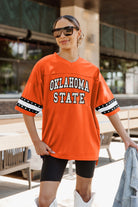 OKLAHOMA STATE COWBOYS UNTIL KICKOFF OVERSIZED V-NECK RHINESTONE-STRIPED TRIM FASHION JERSEY