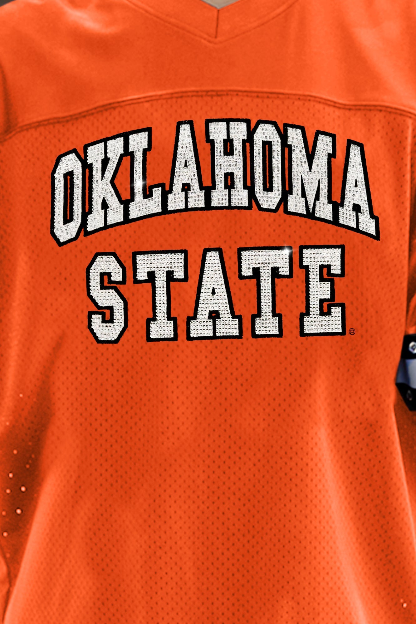 OKLAHOMA STATE COWBOYS UNTIL KICKOFF OVERSIZED V-NECK RHINESTONE-STRIPED TRIM FASHION JERSEY